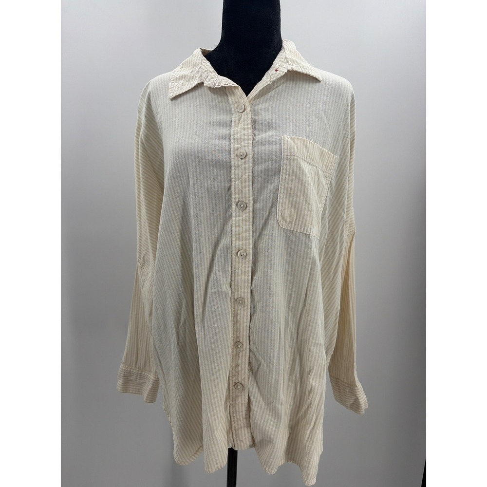American Eagle Oversized Striped Button Down Shirt Cream Tan Women Small 5223